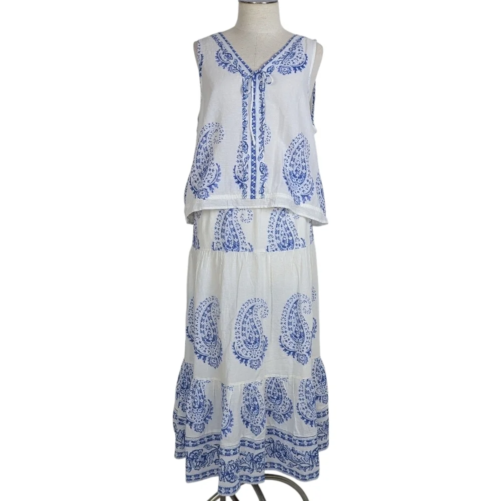 Lucky Brand Sleeveless Top Midi Skirt Set Cotton Paisley Print White Blue XL NWT